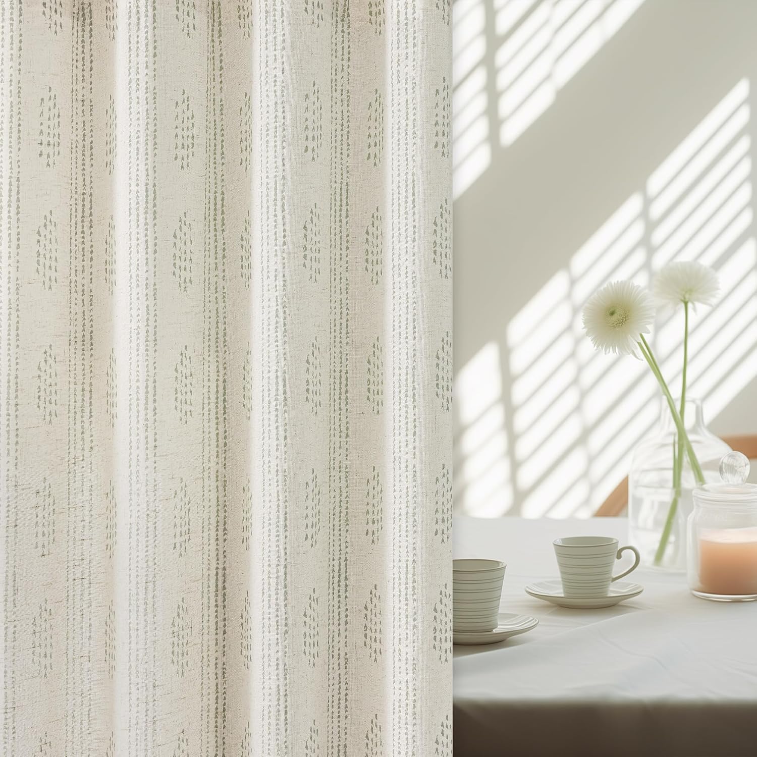 Boho Linen Curtains for Bedroom Living Room Sage Green Farmhouse Boho Curtains 84 Inches Long Geometric Striped Patterned Mudcloth Grommet Top Rustic Window Drapes 2 Panels Green on Beige