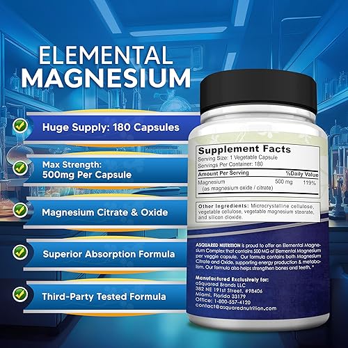 Miniatura 5 de aSquared Nutrition Suplemento de magnesio elemental, 180 cápsulas, fórmula de citrato de magnesio y óxido de 500 mg, píldoras Mag para dormir y