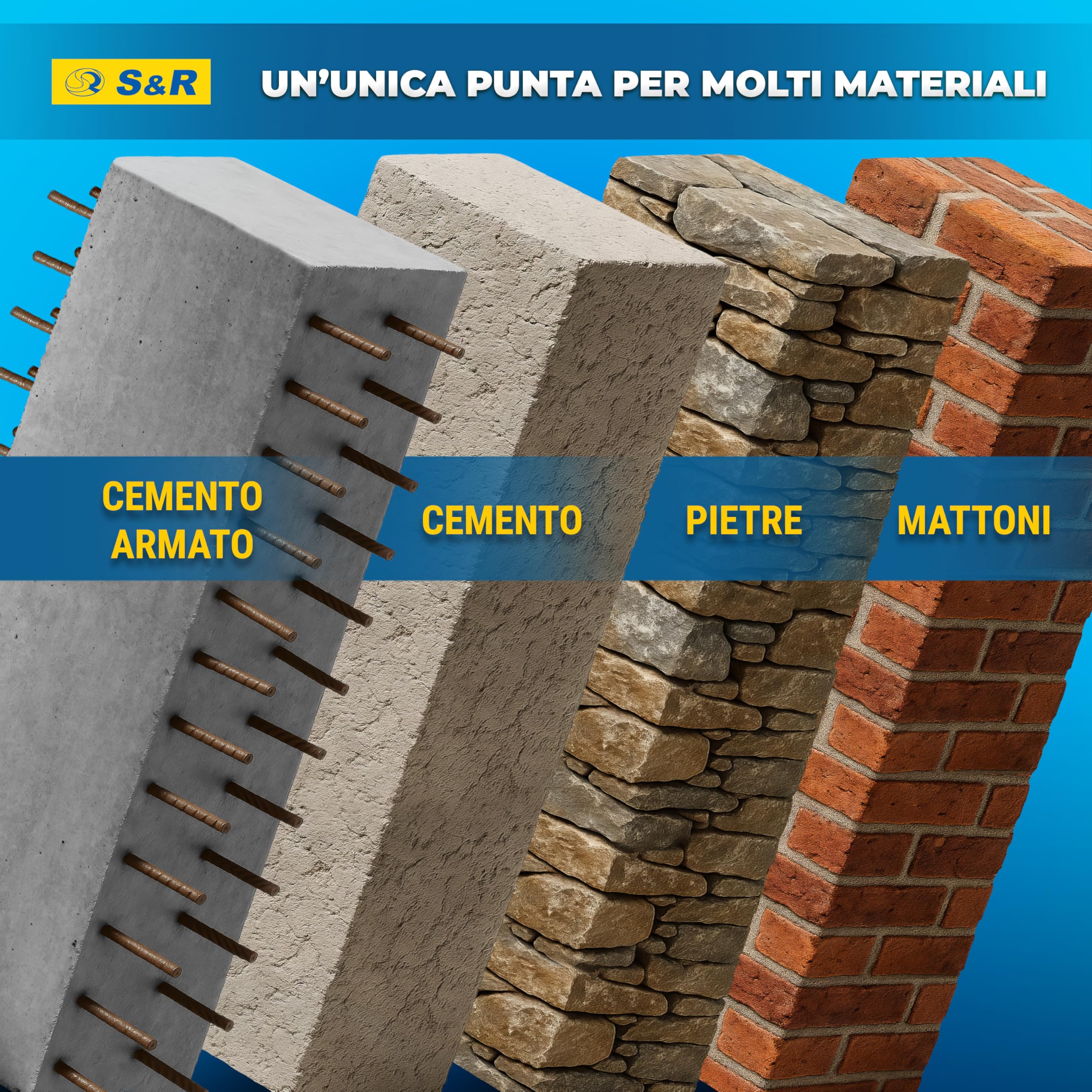 S&R Set Punte Trapano SDS-Plus a 4 taglienti - 6 Punte per CEMENTO ARMATO e Muratura. Ø 5/6/8 x 11cm - 6/8/10 x 16cm. Punte Professionali per Trapani di Tutte le Marche.