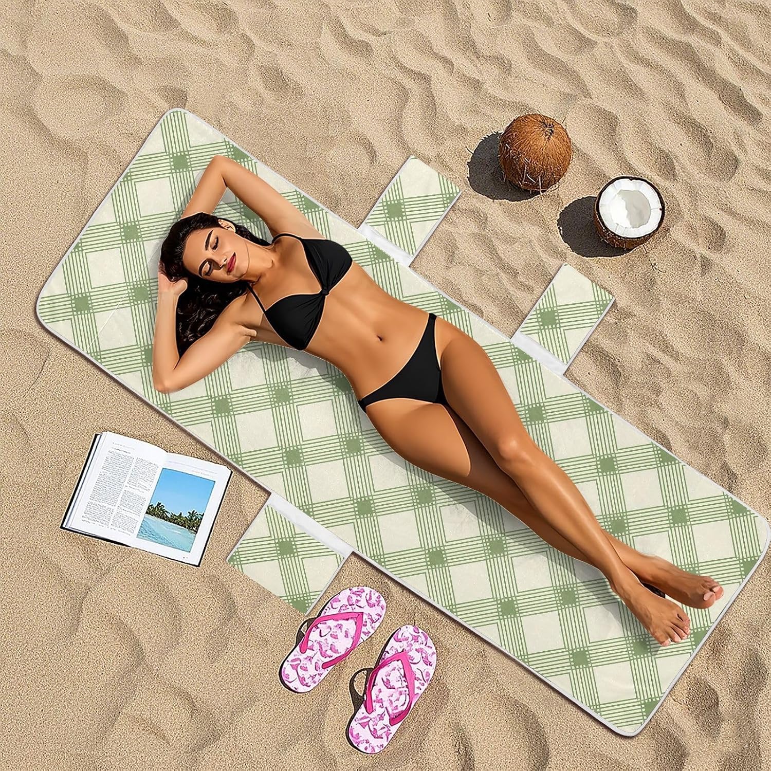 Green Plaid Lounge Chair Towel Cover with Side Pockets – 85x30in Foldable Chaise Cover for Beach, Pool, Patio, Spa