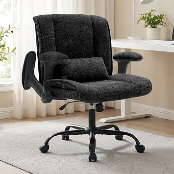 Criss Cross Chair with Flip Arms, Wide Cross Legged Chair with Lumbar Support, Chenille Office Chair with Wheels, 360 Swivel Desk Chair for Home Office, Living Room, Black