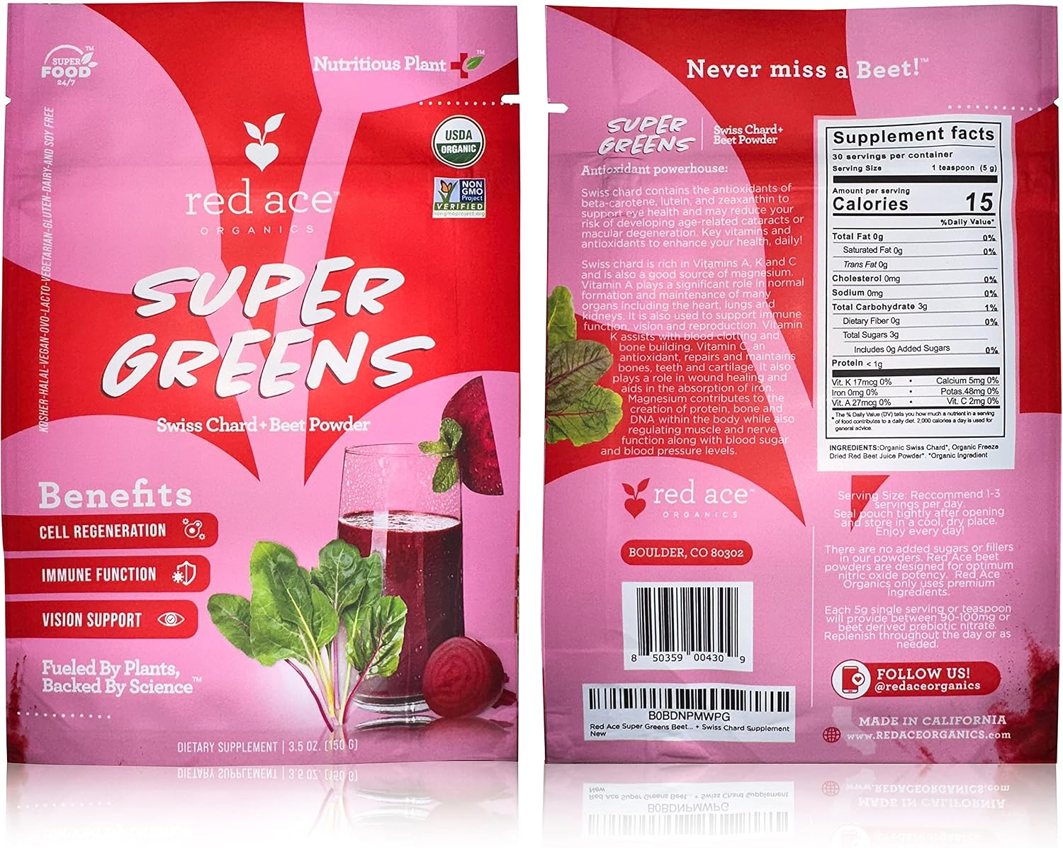 Red Ace Super Greens Beet Powder, Gluten Free, Vegan, Organic Pre Workout, Supplement for Men & Women, Energy Boost Supplements, Nitric Oxide Booster, Superfood Greens, Health & Wellness