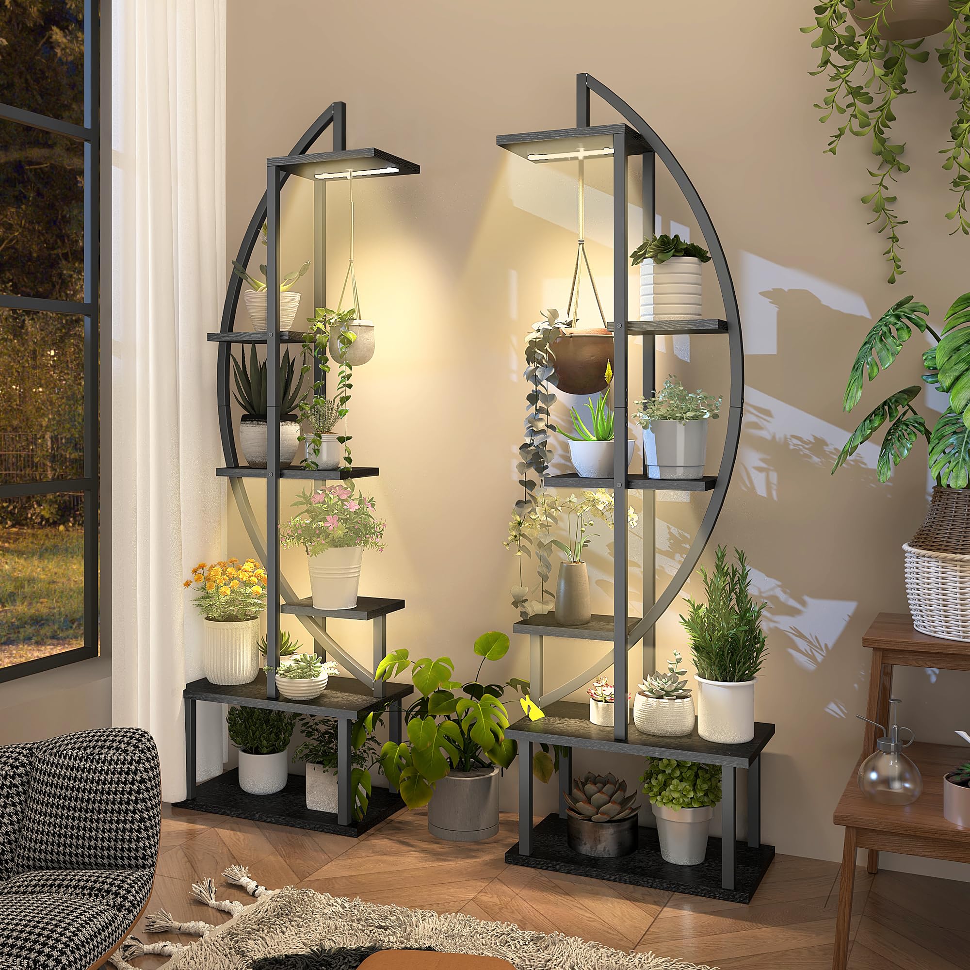 Support De Plantes D'intérieur 6 Niveaux Avec Lampes De Croissance - Étagère En Métal Et Bois 160 Cm De Haut