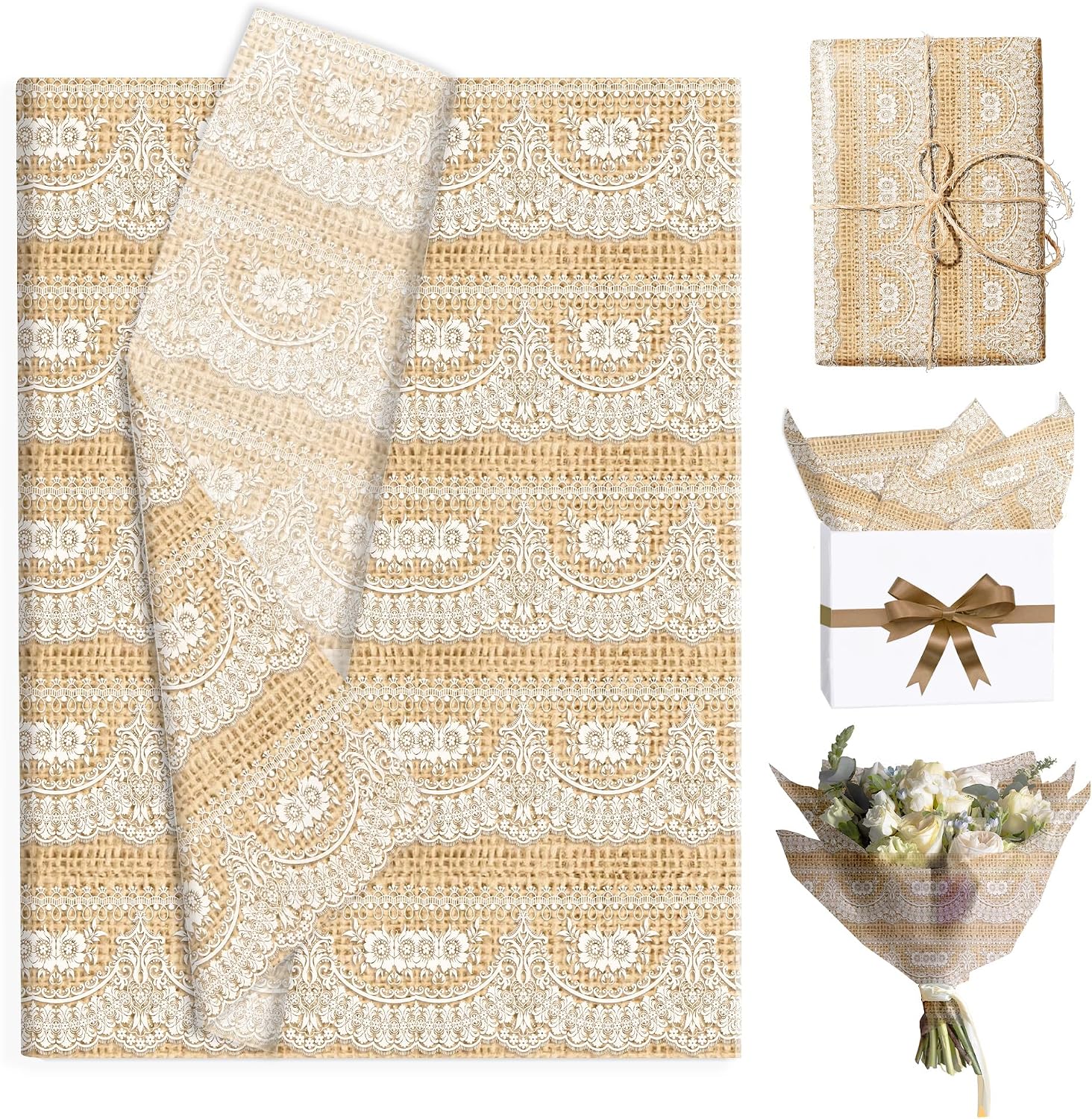 60 Pcs Lace Tissue Paper, Burlap and White Lace Pattern, 14x20 Inch