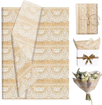 60 Pcs Lace Tissue Paper, Burlap and White Lace Pattern, 14x20 Inch