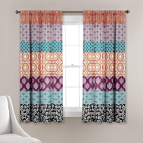 Lush Decor Paneles de cortina de ventana a rayas bohemias, par, 52 pulgadas de ancho x 63 pulgadas de largo, color fucsia y naranja, cortinas cortas