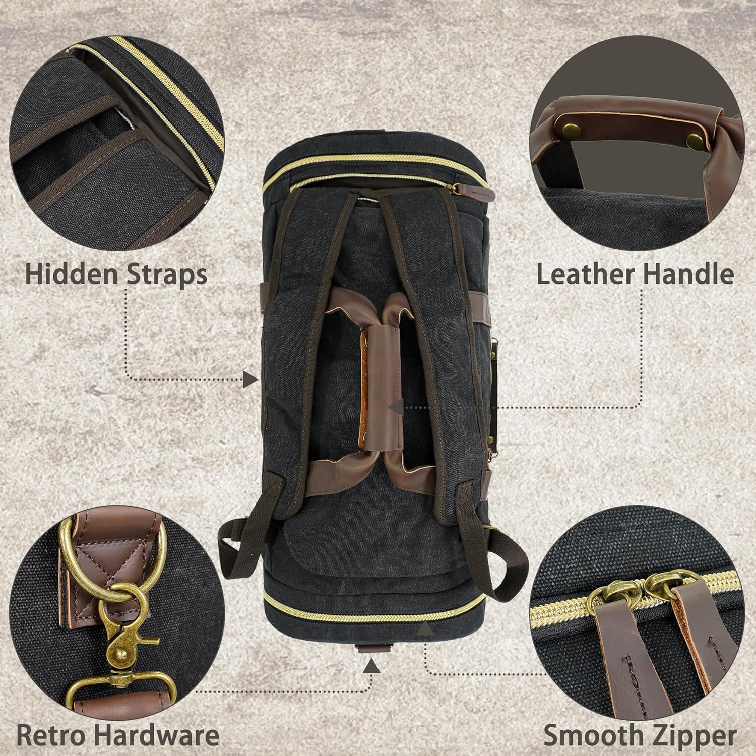 Duffle Bag for Travel, 50L Canvas Duffle Bag Vintage Travel Bag Overnight Bag with Shoes Compartment Men (Black) - Image 3
