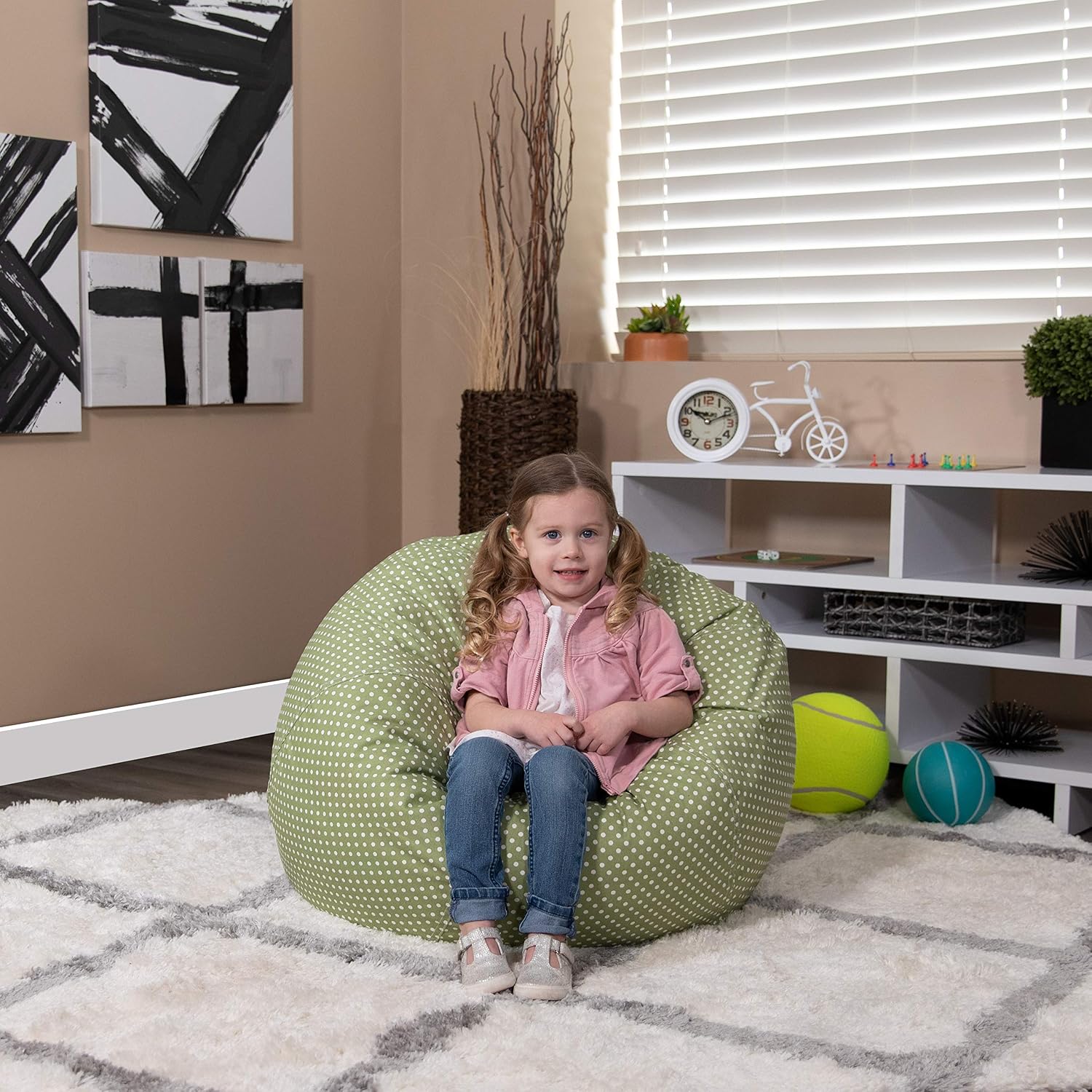 EMMA + OLIVER Small Green Dot Bean Bag Chair for Kids and Teens