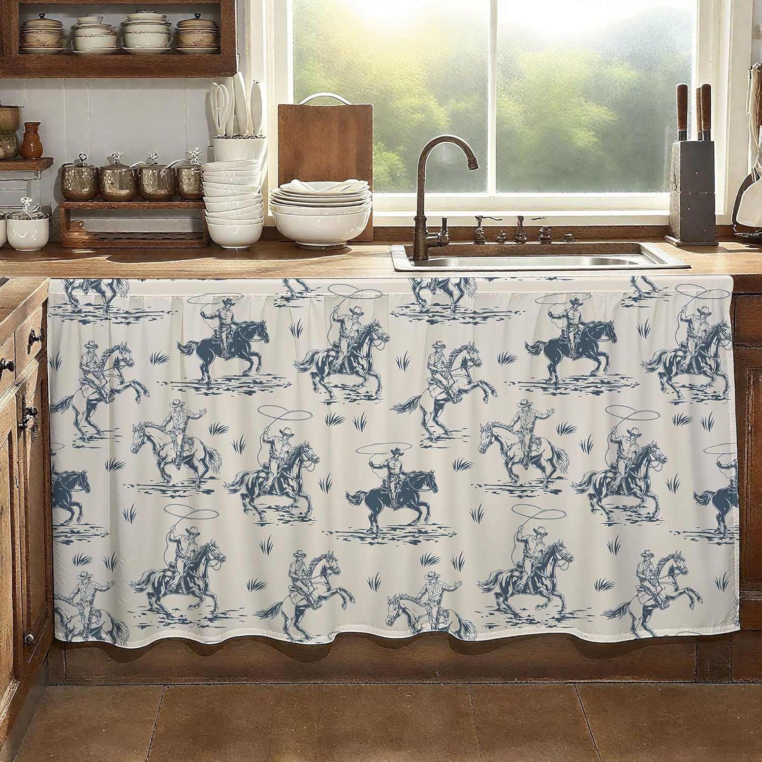 MUGINYU Cabinet Curtains 28" W x 51" L Sink Skirt for Bathroom,Western Cowboy Short Curtains for Kitchen &Classroom,Vintage Farmhouse Closet Dishwasher Curtain with Velcro