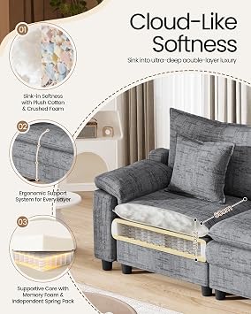 3 Seater Sofas, 231 cm Cloud Modular Sofas Couch with Spring Cushion, Grey
