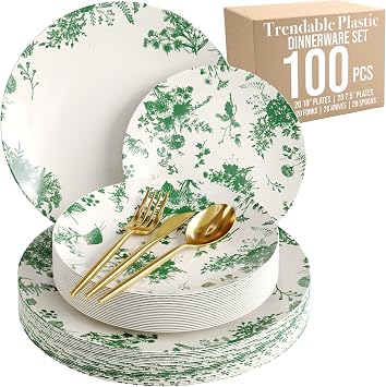 Trendables Fancy Plastic Dinnerware Sets 100 Pc Set 20 Guests Gold Silverware Disposable 20 X 10 Inch Charger Plates 20 X 8 Inch Dessert Plates 20 x Gold Plastic Forks and Spoons Knives In Verdure