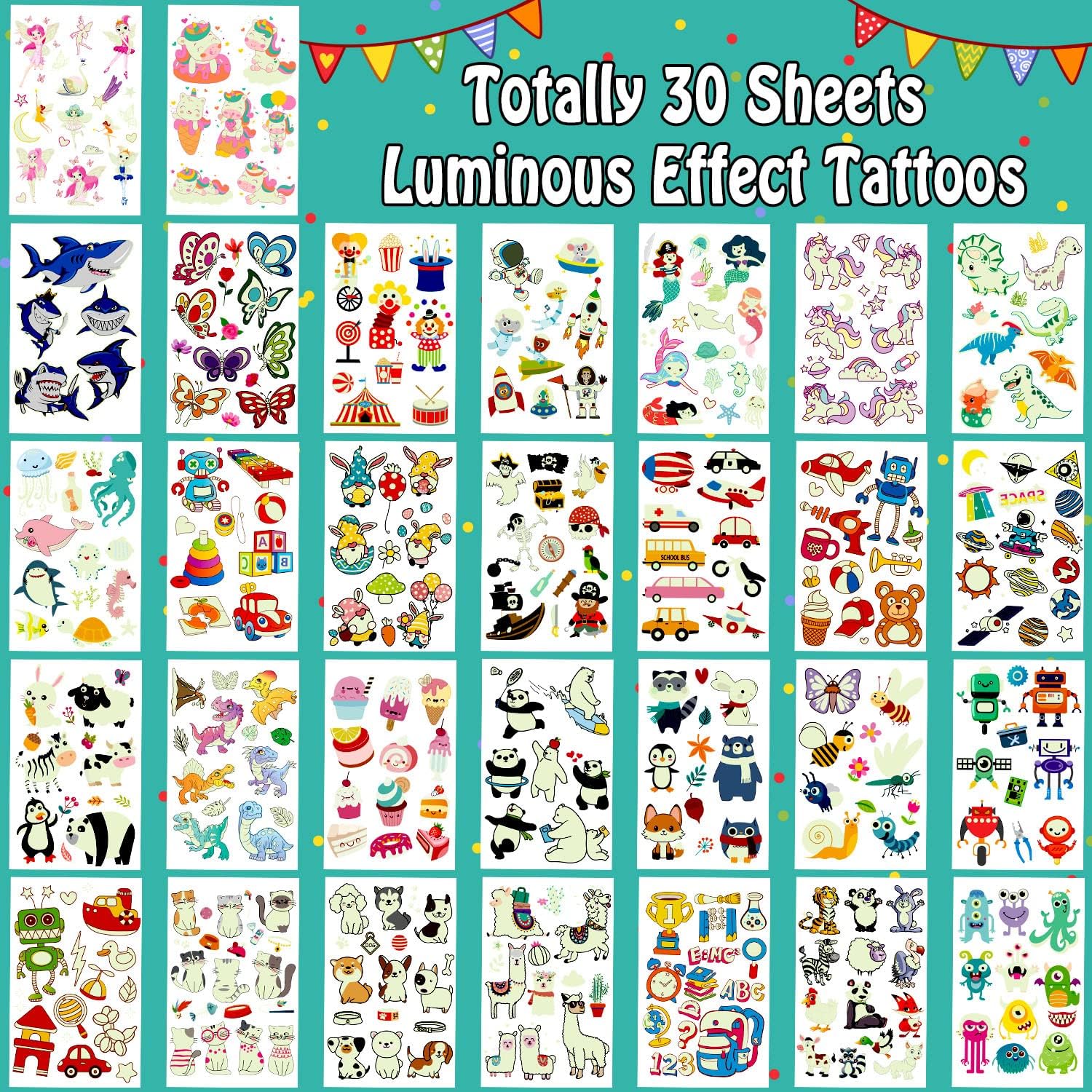 Leesgel Party Bag Fillers for Kids 380 Styles(30 Sheets) Luminous Temporary Tattoos Stickers for Children Birthday Party Favours Girls Boys Toys Games Stuff Supplies Decorations - Image 3