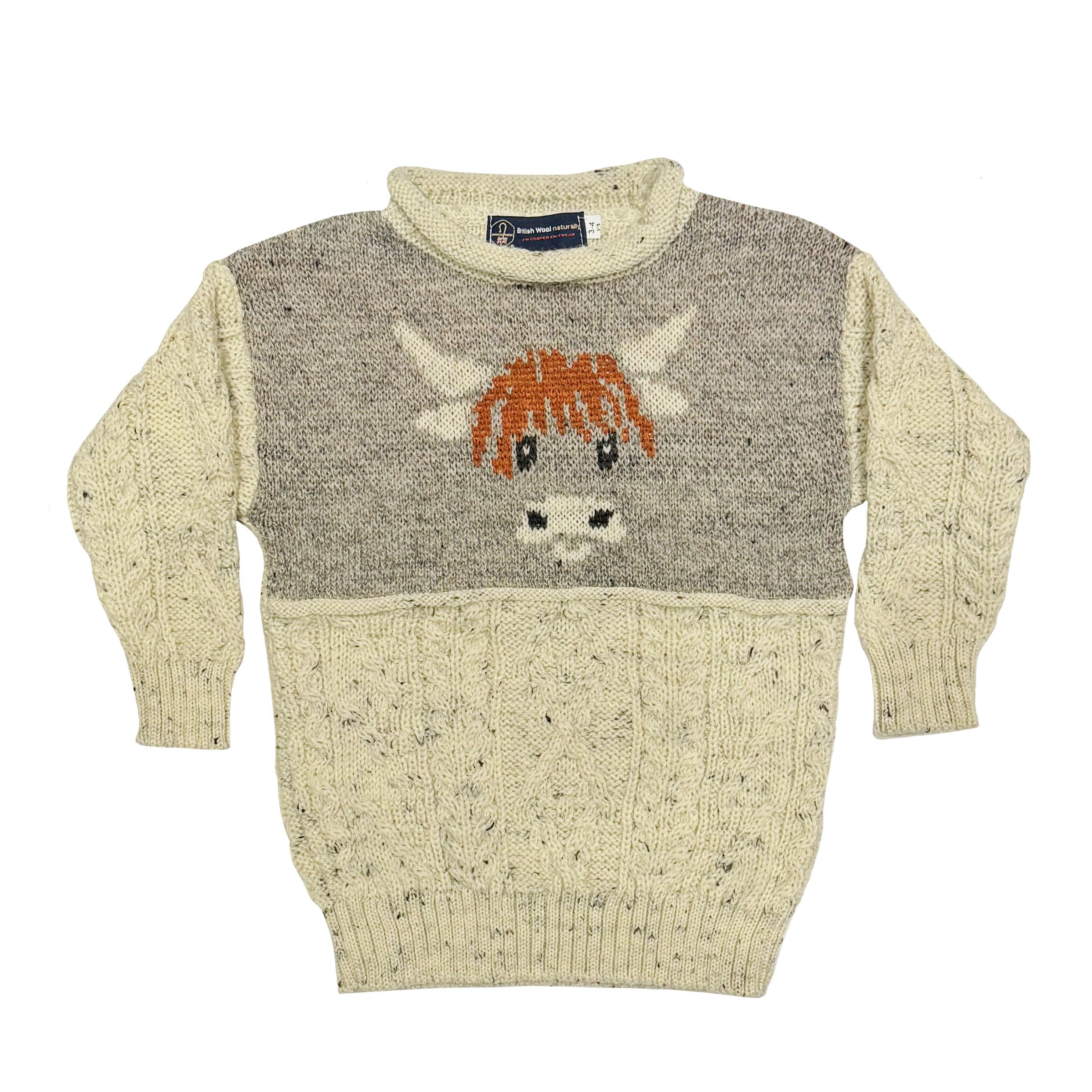 Lambland Kids British Wool Highland Cow Jumper – Soft, Warm, and Playful Wool Sweater with Sheep Design for Boys & Girls (UK, Age, 3 Years, 4 Years, Regular, Cream NEP)