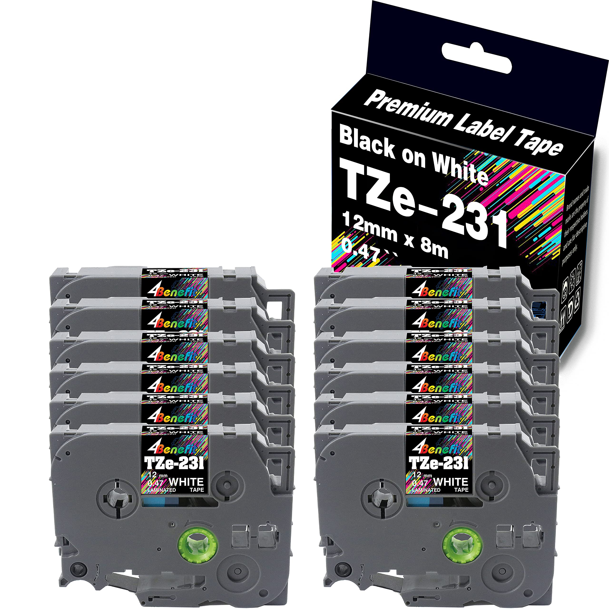 (12-Pack) 4Benefit Compatible TZe-231 TZ-231 TZe231 Label Tape | 0.47" (12mm) Width x 26.2' (8m) Length | for D210 H110 D600 PT-1000 P Touch Label Maker