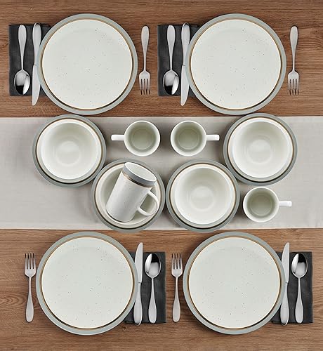 Miniatura 5 de Pfaltzgraff Ezra - Juego de vajilla moteada de 16 piezas, servicio para 4, con bandas grises