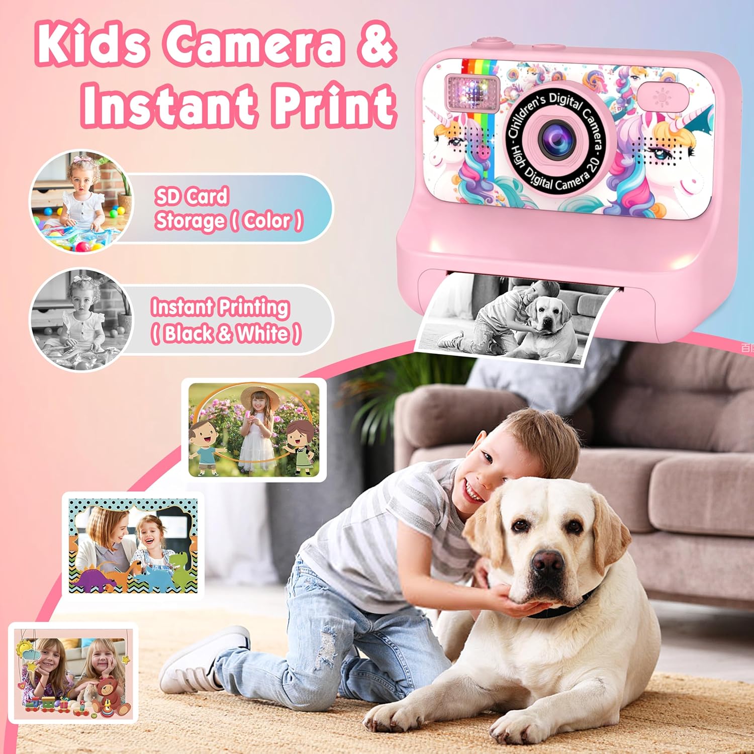 Kids Camera, Upgrade Kids Camera Instant Print, Front Rear Dual Selfie Digital CAM with 1080P Videos, Portable Travel Toy with Games and Music, Christmas Birthday Gift for Boys, Girls and Teens
