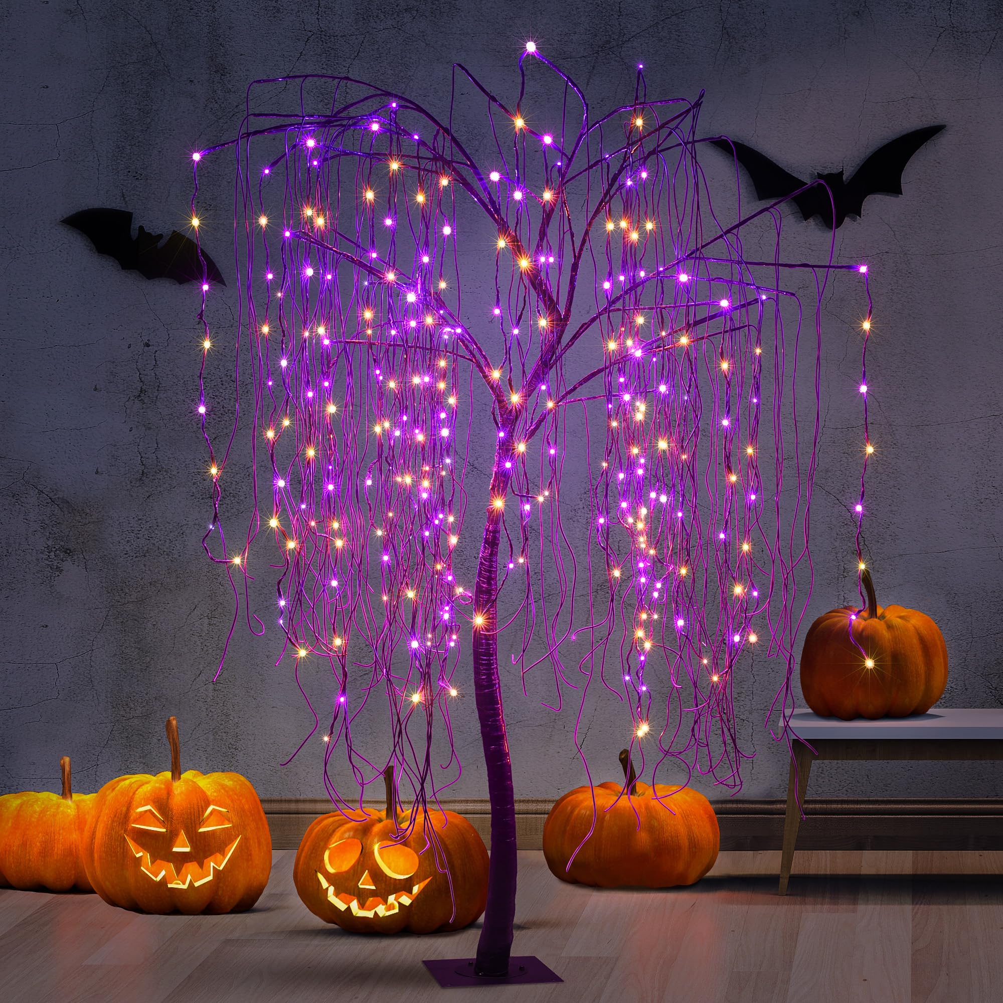 Photo 1 of 7 FT Halloween Lighted Willow Tree 256 LED Orange and Purple Lights Artificial Weeping Willow Tree with 6 Spiders Outdoor Indoor Decoration Christmas Festival Party Home Decor