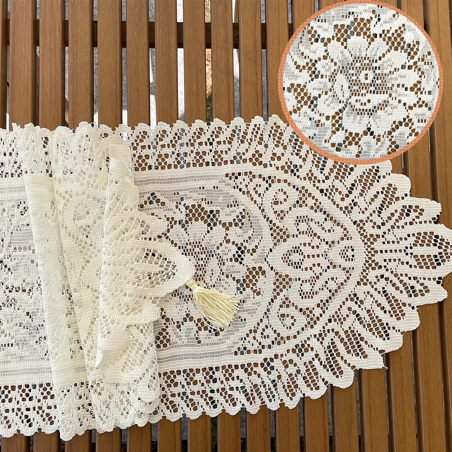2Pcs Lace Table Runners with Tassels, Farmhouse Boho Doily Vintage Floral Dollies for Tables Dresser Nightstand Decor, Beige(13"x45")
