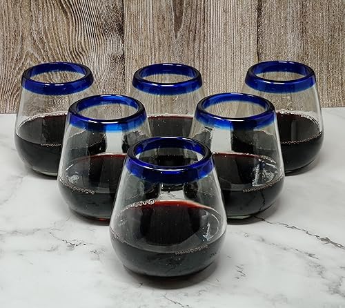Miniatura 8 de Dos Sueños Copas de vino mexicanas sopladas a mano, juego de 6 vasos con bordes azul cobalto (15 onzas)
