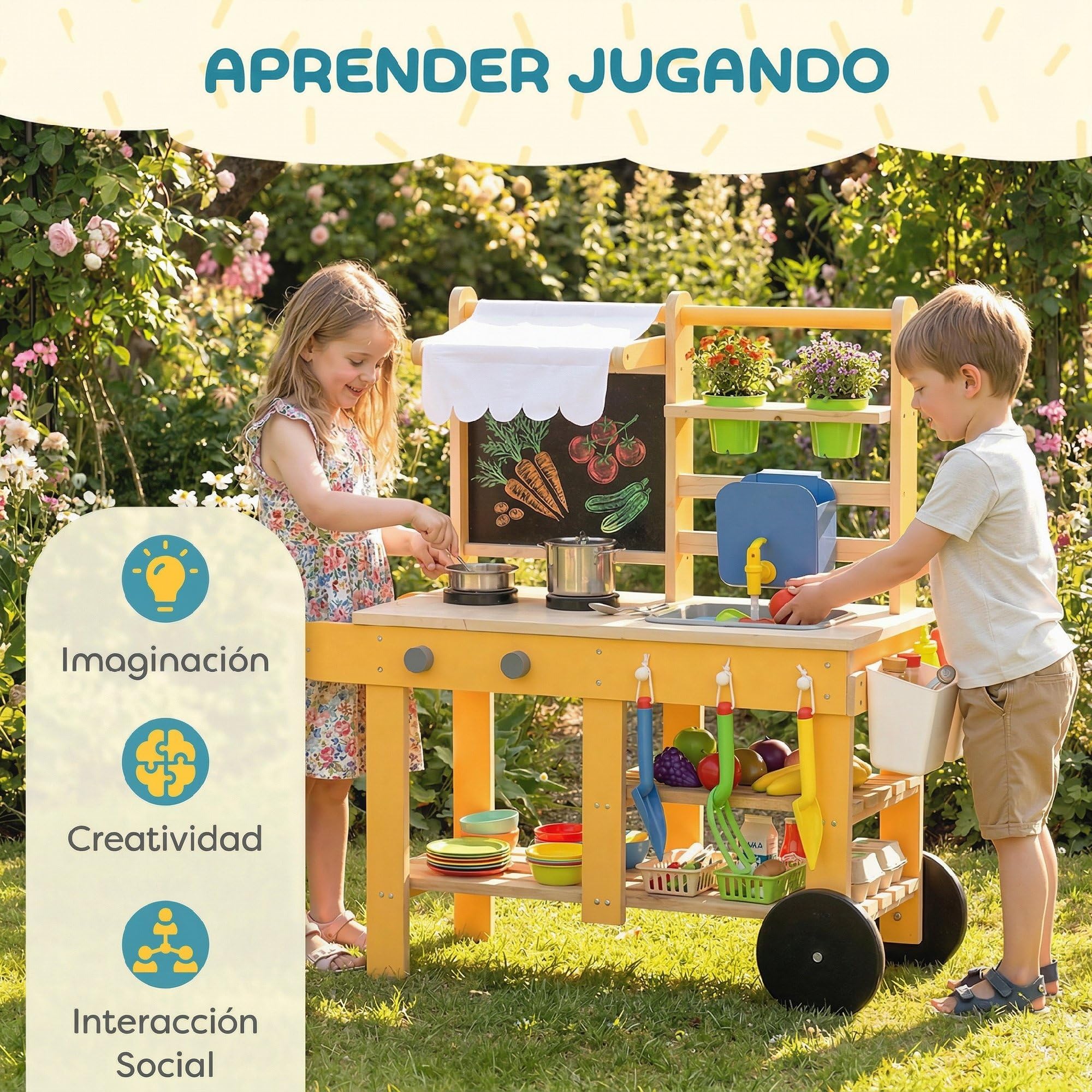 AIYAPLAY Cocina de Juguete Exterior con Ruedas, Cocinita Infantil de Madera con Agua Real, Fregadero, Estufas, Estantes, Macetas, Pizarra y 15 Accesorios, 84,2x34,4x90 cm, Amarillo