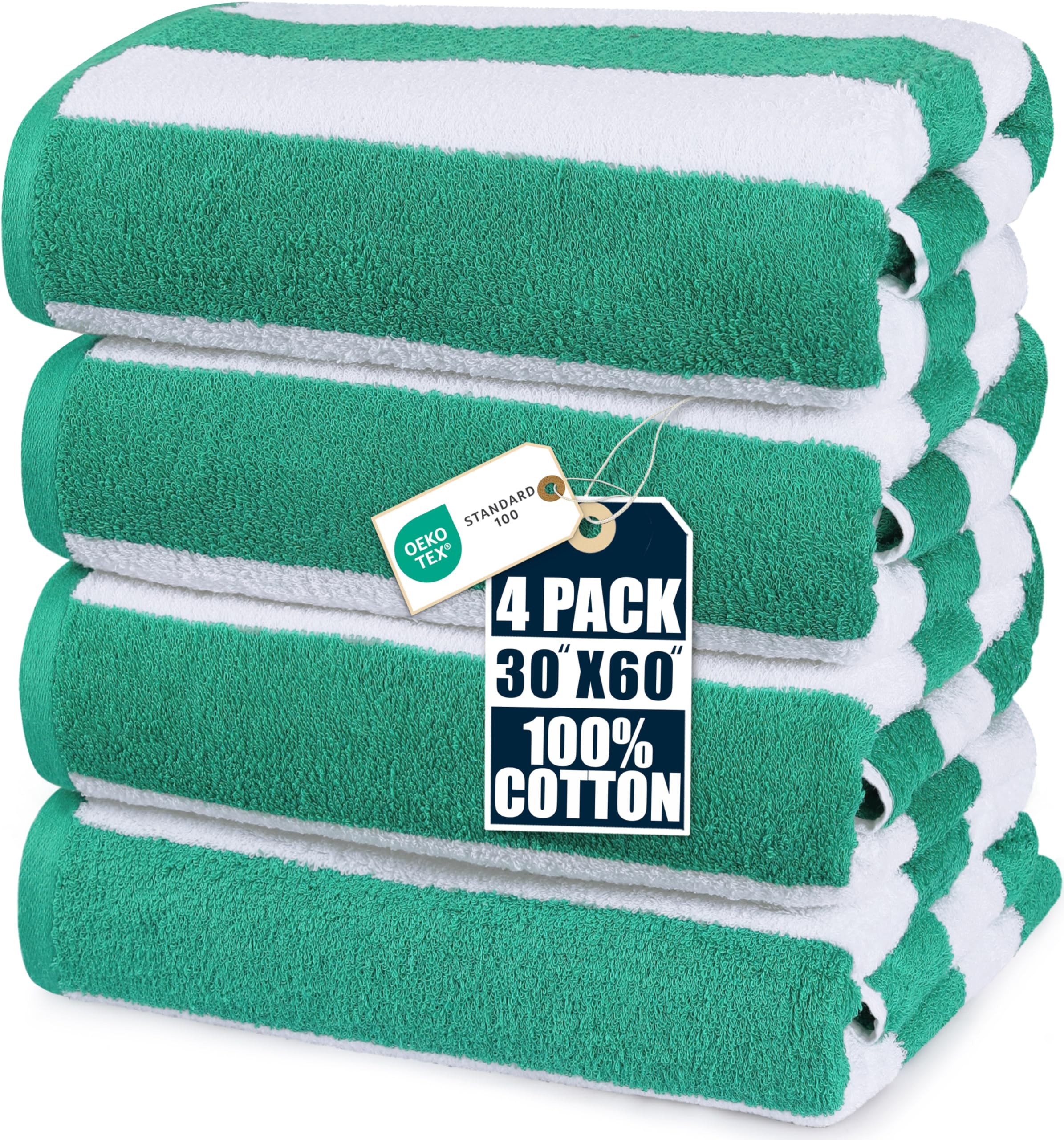 Utopia Towels [4 Pack Cabana Stripe Beach Towel, (30 x 60 Inches) Oversized 100% Ring Spun Cotton Pool Towels, Highly Absorbent Quick Dry Bath Towels for Bathroom, and Swim Towel (Green)