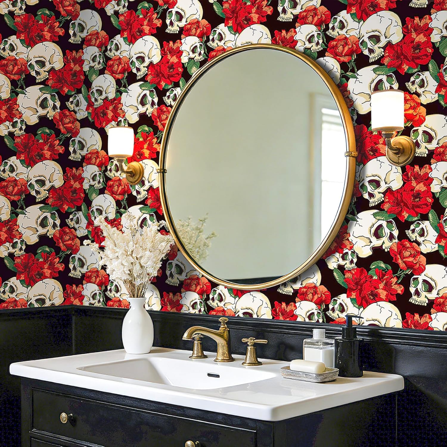 Decotalk Skull Wallpaper Peel and Stick Dark Floral Wallpaper for Bathroom Bedroom 17.5x120 Inch Gothic Skull Wall Paper Dark Red Rose Floral Contact Paper Vintage Gothic Wall Covering Vinyl Wrap