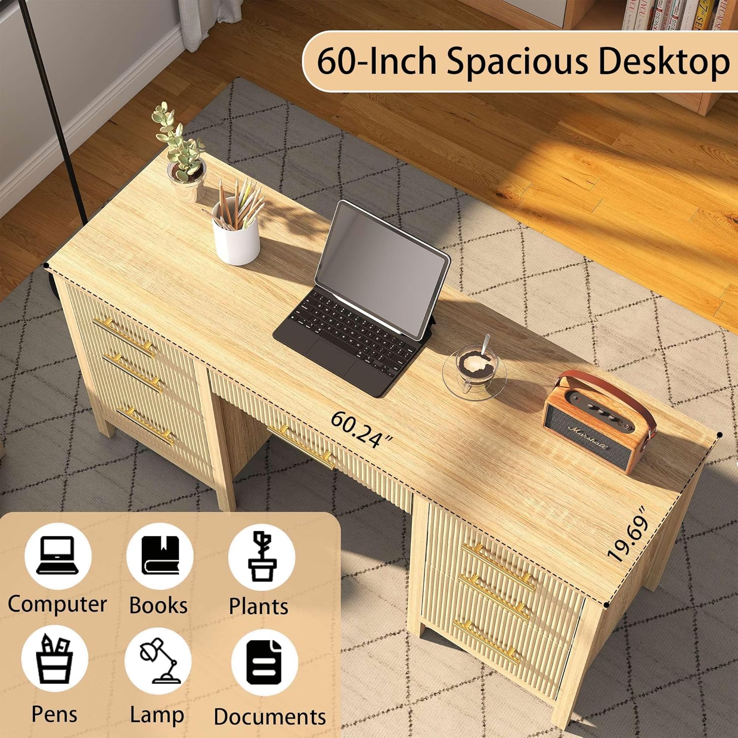 Modern Executive Desk with Drawers: 60" Oak Computer Desk with File Drawer, Wood Writing Desk with Storage, Fluted Home Office Desks for Living Room