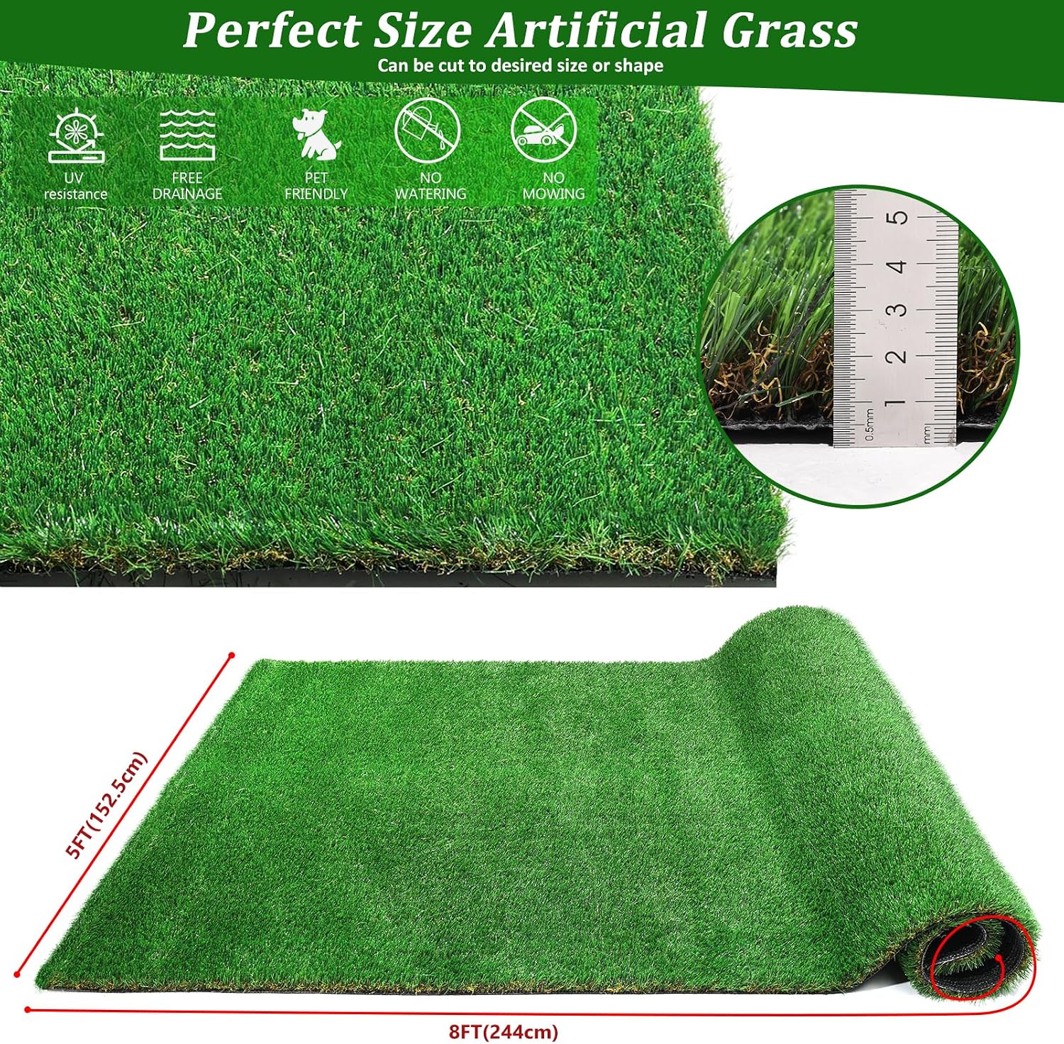 5x8 FT Artificial Grass Rug Outdoor Indoor, Premium Realistic Grass Carpet with Drainage Holes, Green Pet Turf Mat for Garden Lawn Landscape Balcony Decoration (Grass Height 1.38 inches)