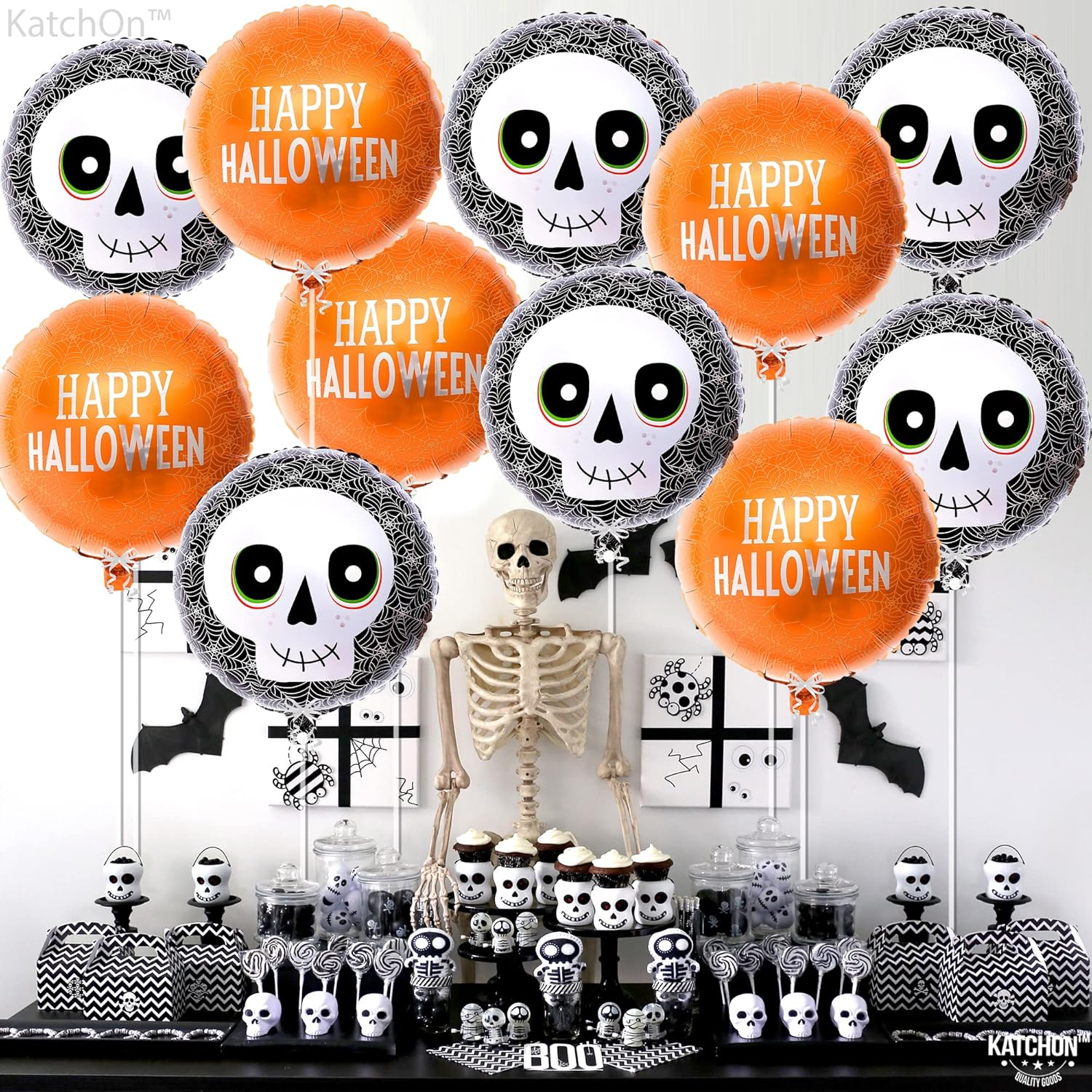KatchOn, Happy Halloween Balloons - 18 Inch, Pack of 12 | Halloween Skull Balloons for Halloween Party Decorations | Skeleton Halloween Foil Balloons for Halloween Trunk Or Treat Car Decorations Kit