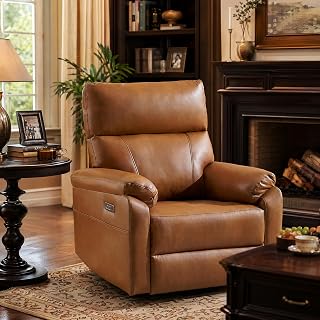 Power Recliner Chair with Adjustable Lumbar Support, Swivel Rocker Recliner with Overstuffed Armrests, Nursery Glider Recliner, Rocking Chair Nursery for Bedroom,USB&Type-C,Faux Leather Camel