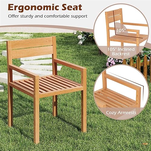 Miniatura 5 de Tangkula Silla de madera de teca para exteriores, sillón de comedor con asiento y respaldo de tablillas, muebles de asiento de madera maciza