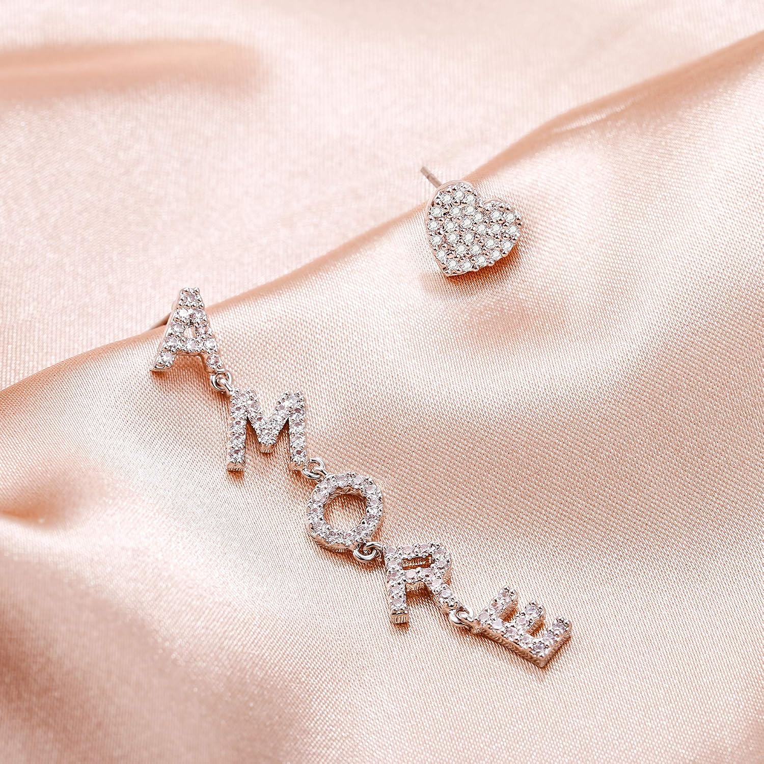 AMORE Letter Dangle and Love Shape Stud Set including Cubic Zirconia Crystal Earrings Women's Earrings for Valentine's Day Gifts for Girlfriends - Image 3