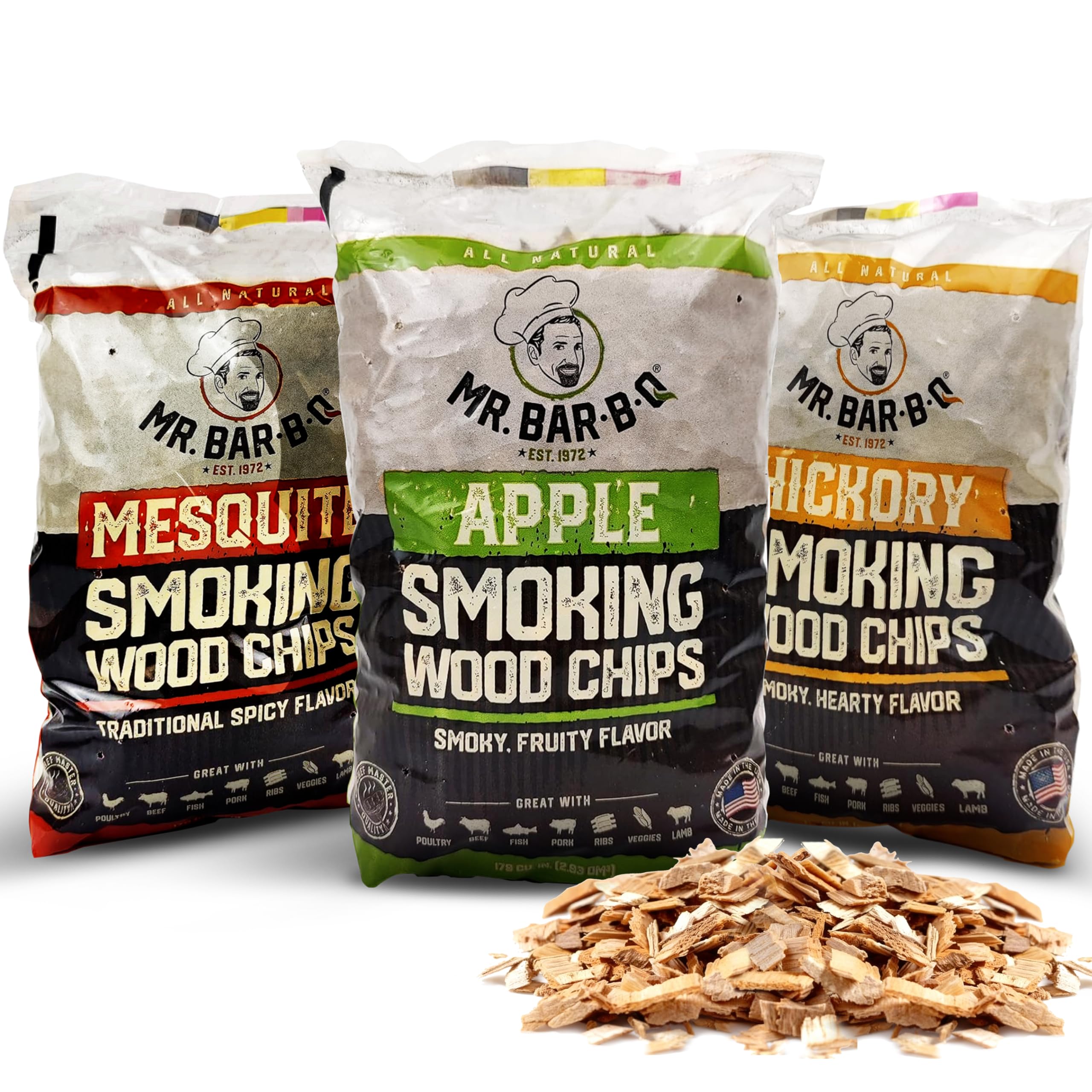 Wood Smoker Chips Bundle of 3 Flavors - Apple, Mesquite & Hickory Wood Chips by Mr. Bar-B-Q, Can be Used on Gas & Charcoal Grill, Variety of Flavors for Smokers, Grilling, BBQ, Camping(3 x 1.8 Lb Bag)