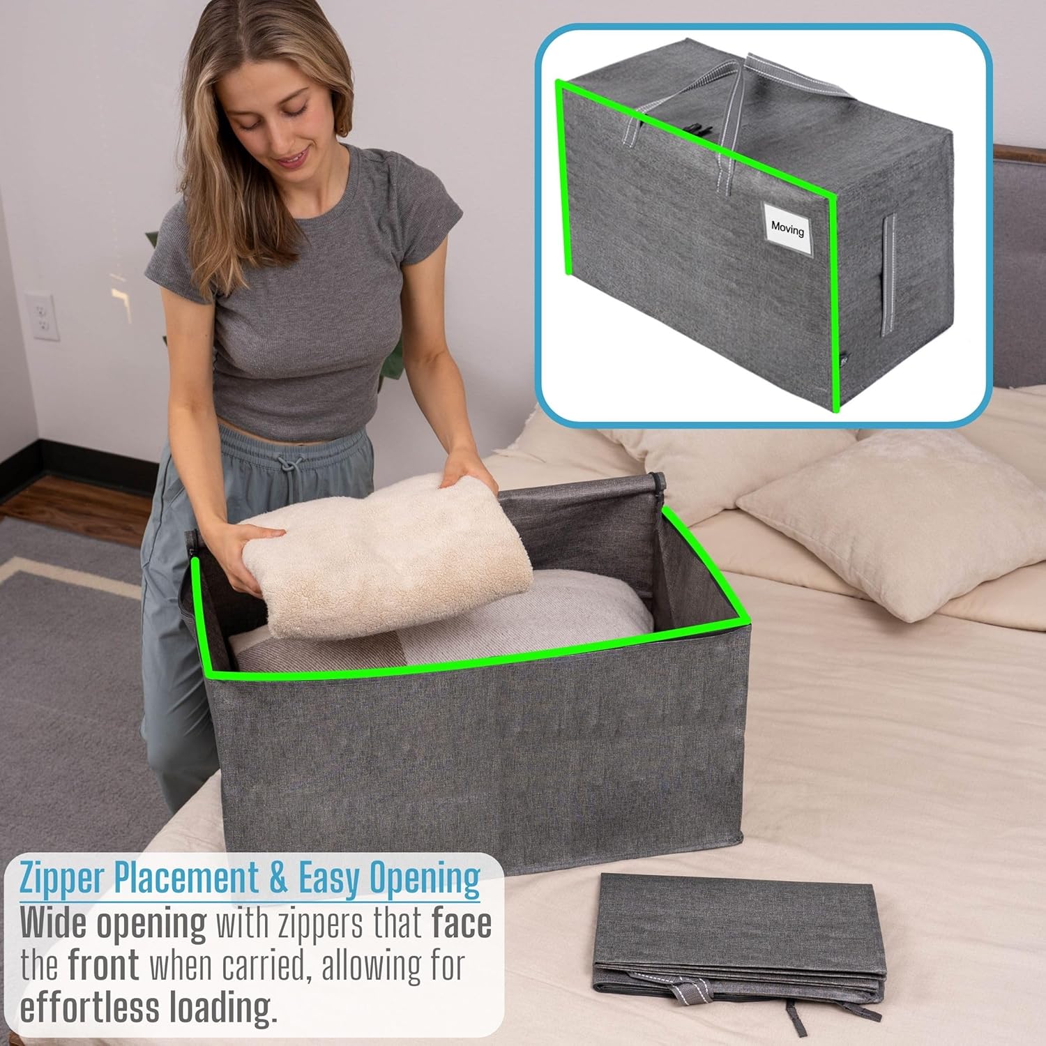 VENO 4 Pack Extra Large Heavy Duty Moving Bags with Wide Opening & Reinforced Handles, Reusable Storage Tote Bags with Strong Zippers for Clothes, College Dorm Essentials & Moving Supplies - Image 2