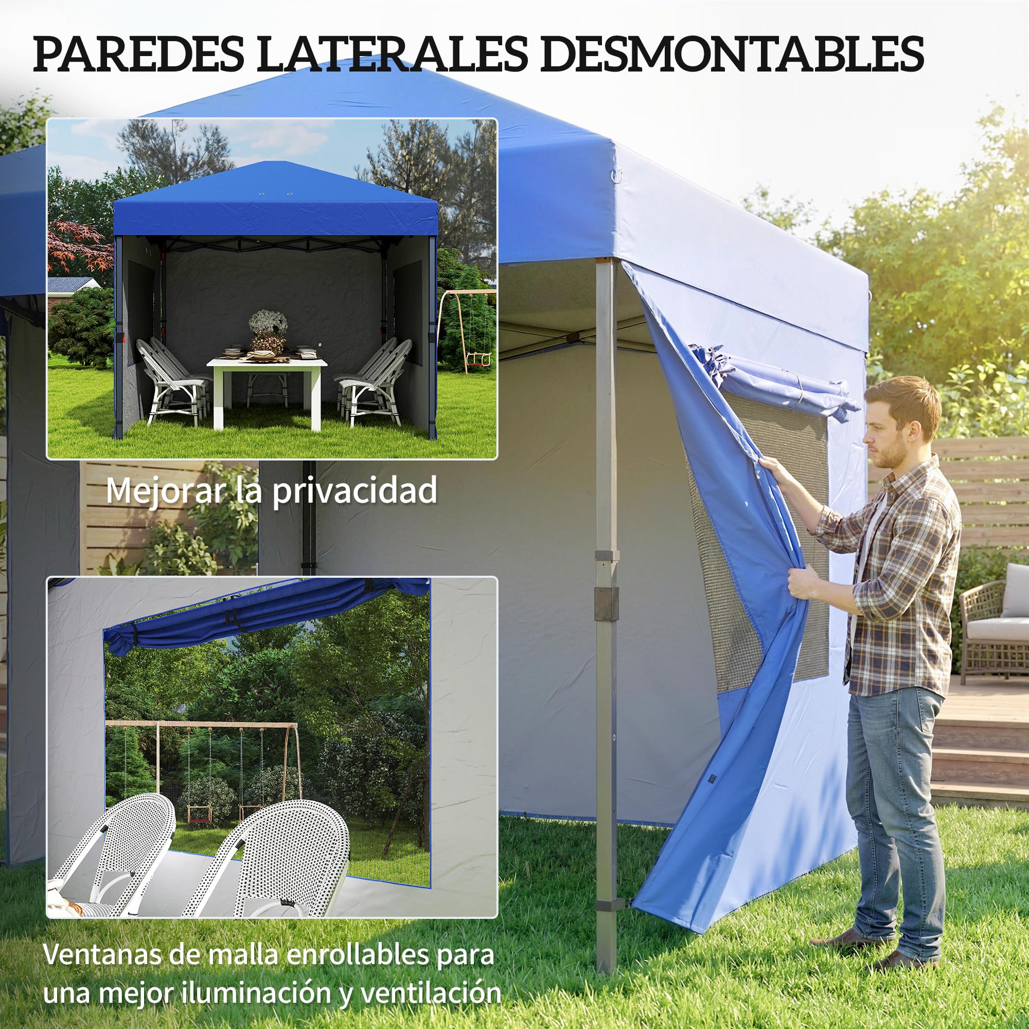 Outsunny Carpa Plegable 3x3 m Pop-up con 3 Paredes Laterales UPF50+ Azul | Cenador Pabellón de Jardín, 2 Ventanas Malla, Altura Ajustable 3 Niveles, Bolsa Transporte, Sacos Arena, Gazebo Exterior