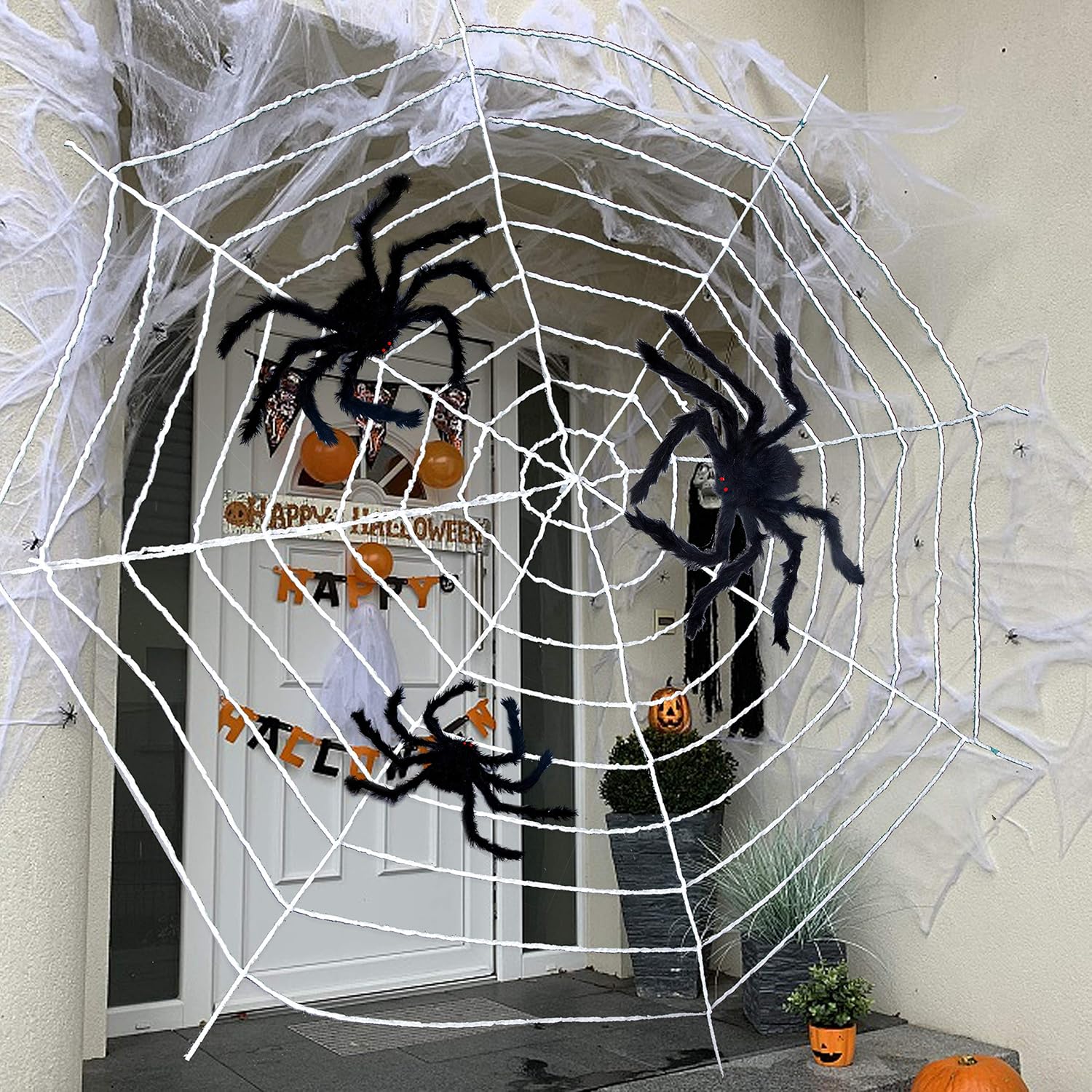 JOYIN 3 Pack Halloween Giant Spider Decorations, Realistic Looking Hairy Spiders with Giant Halloween Spider Web for Halloween Outdoor Indoor Decorations Props