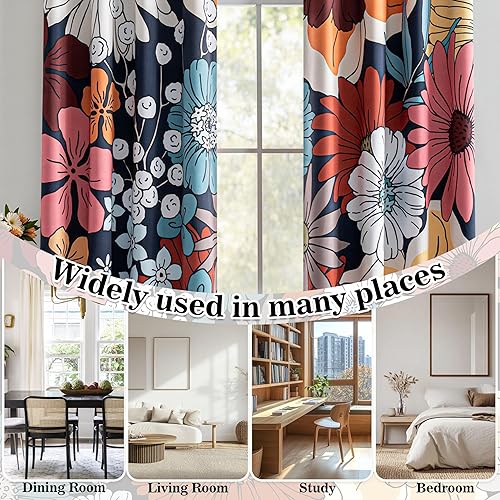 Miniatura 5 de MYSKY HOME Boho Floral Blackout Curtains 84 inch Long for Living Room Thermal Insulated Privacy Protect Noise Reduction Black Out Flower