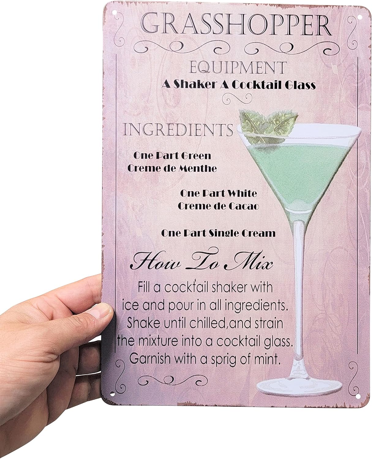 8" x 12" Popular Cocktails and Drink Mix Recipes Menu on Metal Tin Sign Wall Decor Plaque Poster (GRASSHOPPER) image 4