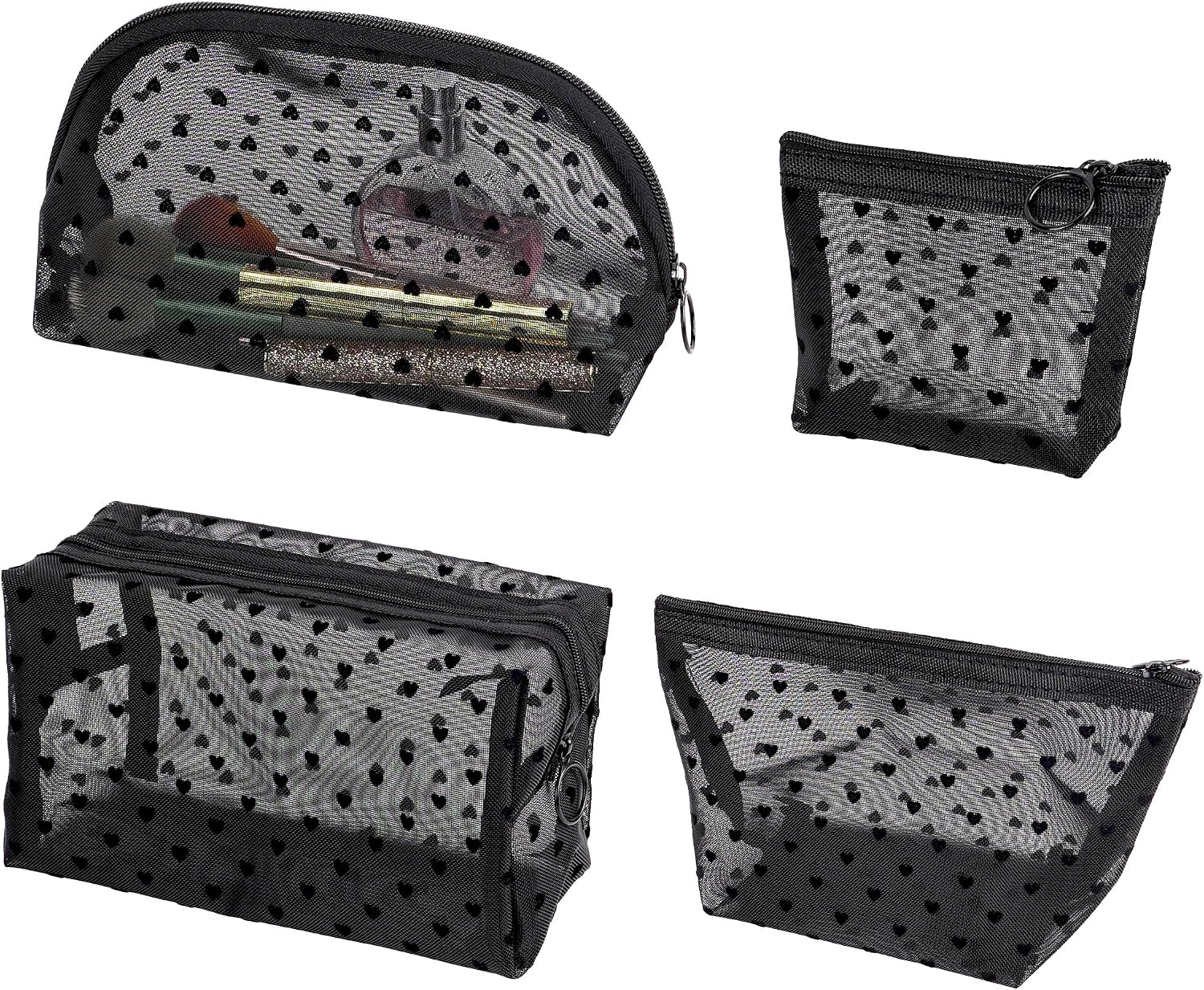 Adorila 4-Piece Heart Print Mesh Makeup Bags, Multi-Size Travel Pouch Set for Purse Organizing, Daily Essentials, Zipper Toiletry Organizers (Black)