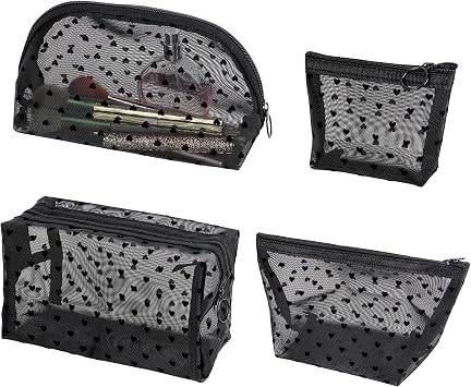 Adorila 4-Piece Heart Print Mesh Makeup Bags, Multi-Size Travel Pouch Set for Purse Organizing, Daily Essentials, Zipper Toiletry Organizers Black