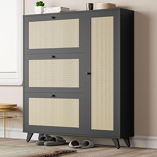 Cozy Castle Gabinete de zapatos de ratán, armario estrecho de almacenamiento de zapatos con 3 cajones abatibles y estante para botas, organizador de