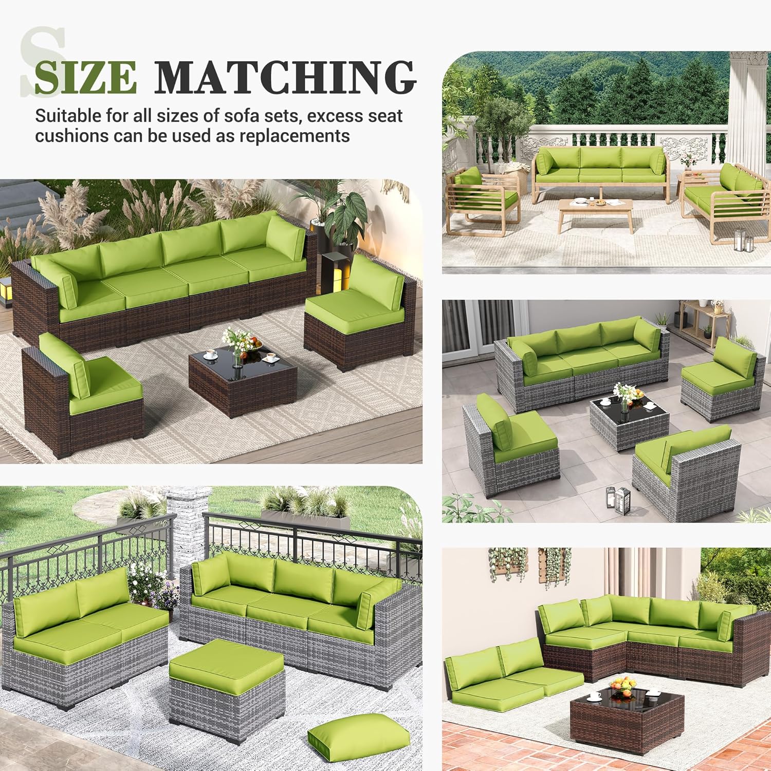 Patio Furniture Cushions, Water-Repellent Outdoor Replacement Cushions for 6-Seat Rattan Wicker Conversation Sectional Sets, 14-Piece Cushion Set for Outdoor Couch(Green)