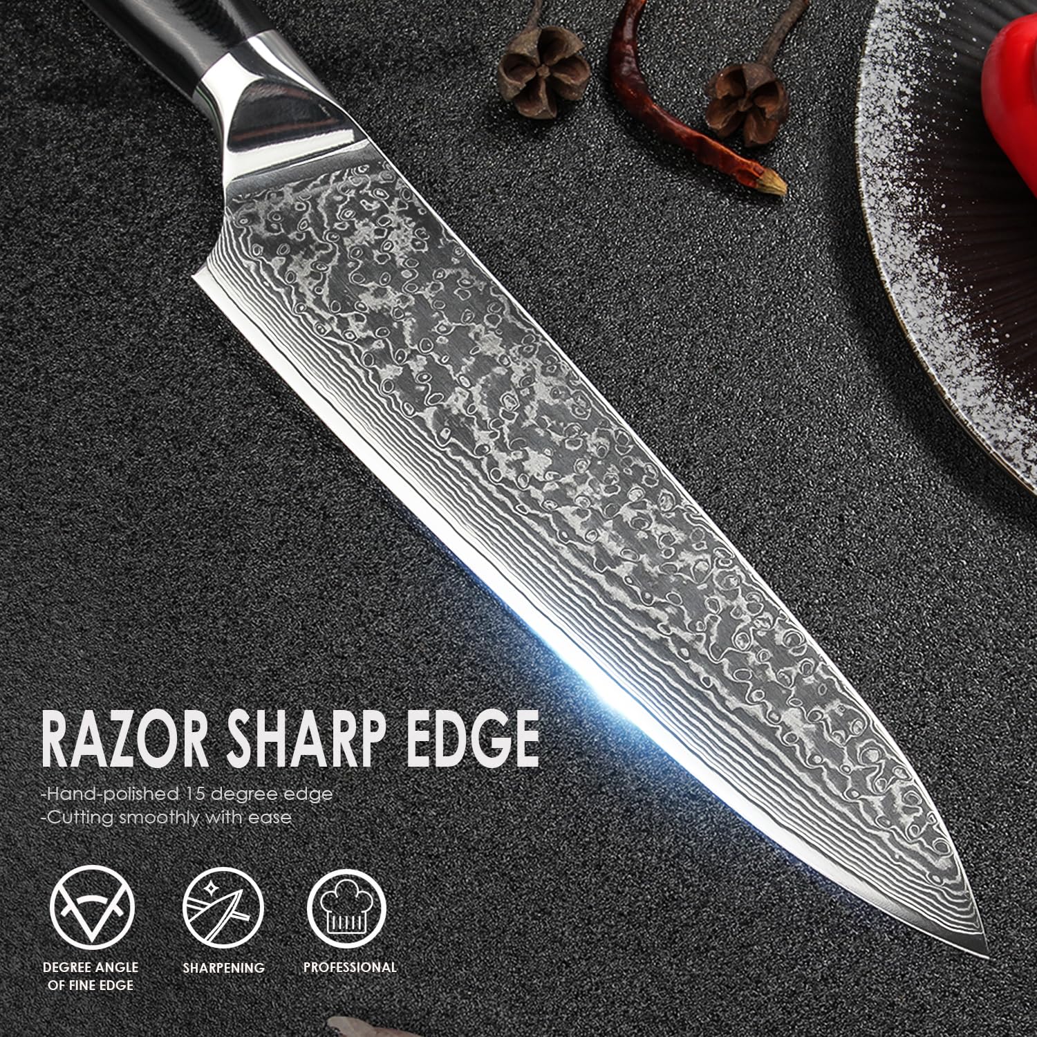 Home Safety Cuchillo de chef de damasco, Japones profesional de Acero Damasco de 67 Capas, de 20cm, Mango de Material G10