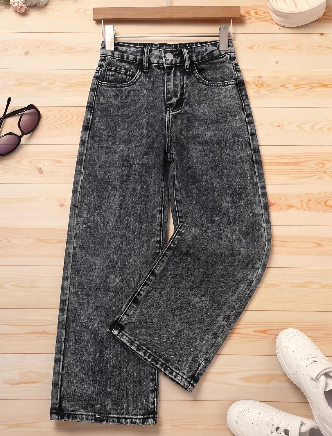 IBAKOM Tween Girl Bow Jeans Kids Wide Leg Baggy Demin Y2K School Pants | Teen Stretch Jeans Kid Straight Elastic Trendy Bottom Youth Long Loose Pull On Slit Pocket Concert Hip Hop Dance Casual Jean