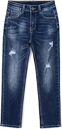 KIDSCOOL Boys Ripped Jeans Slim Fit Elastic Band Inside Denim Pants