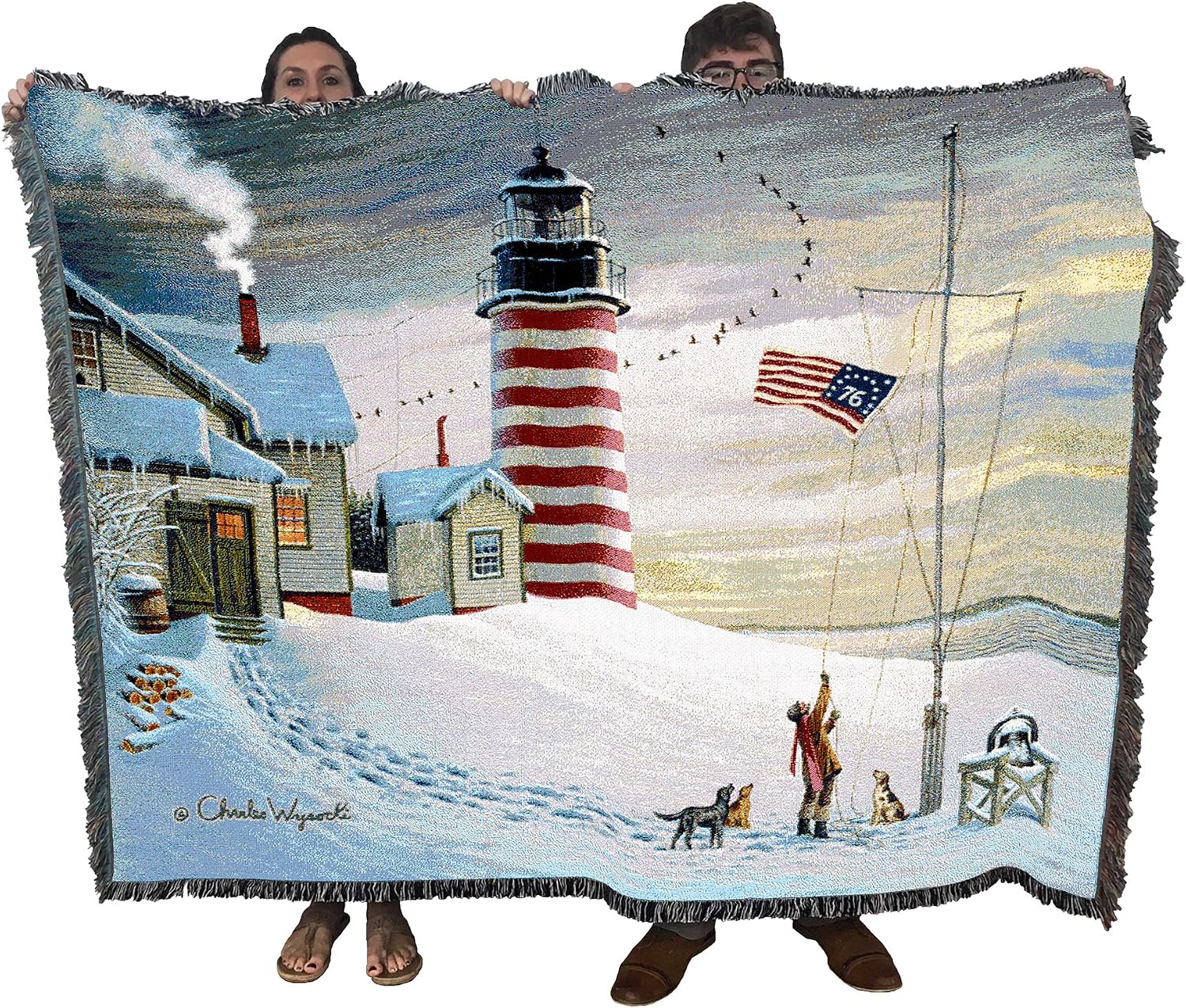 Pure Country Weavers West Quoddy Lighthouse Blanket by Charles Wysocki - Early America Coastal Ocean Beach Tapestry Throw Woven from Cotton - Made in the USA (72x54)