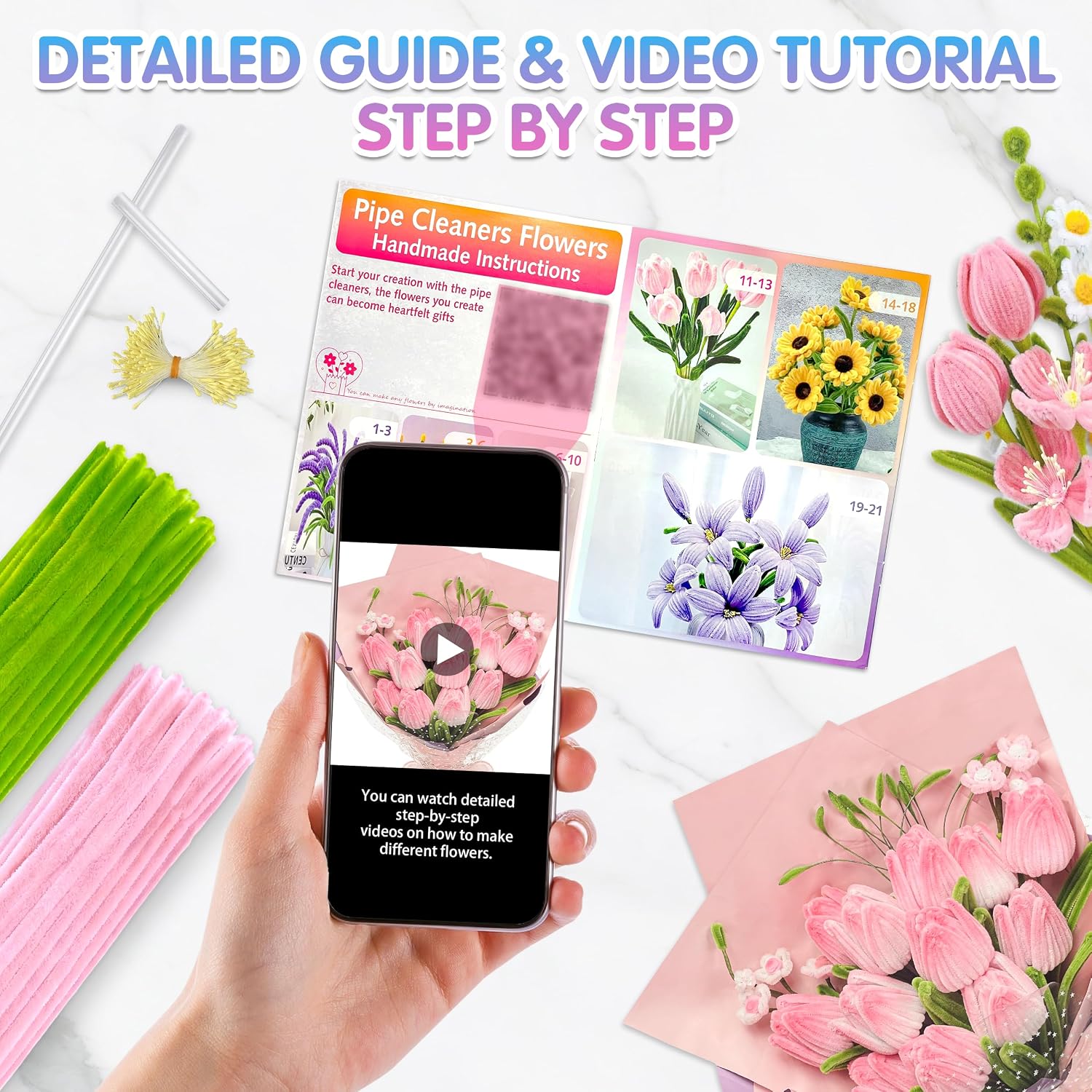 LINAYE 500 PCS Pipe Cleaners Craft, 6 Colors Pipe Cleaners Flowers Kit, Chenille Stems for Crafts with Instruction Wrapping Paper, Flower Stamens, Stems Art and Craft Supplies Pink (12inch x 6mm)