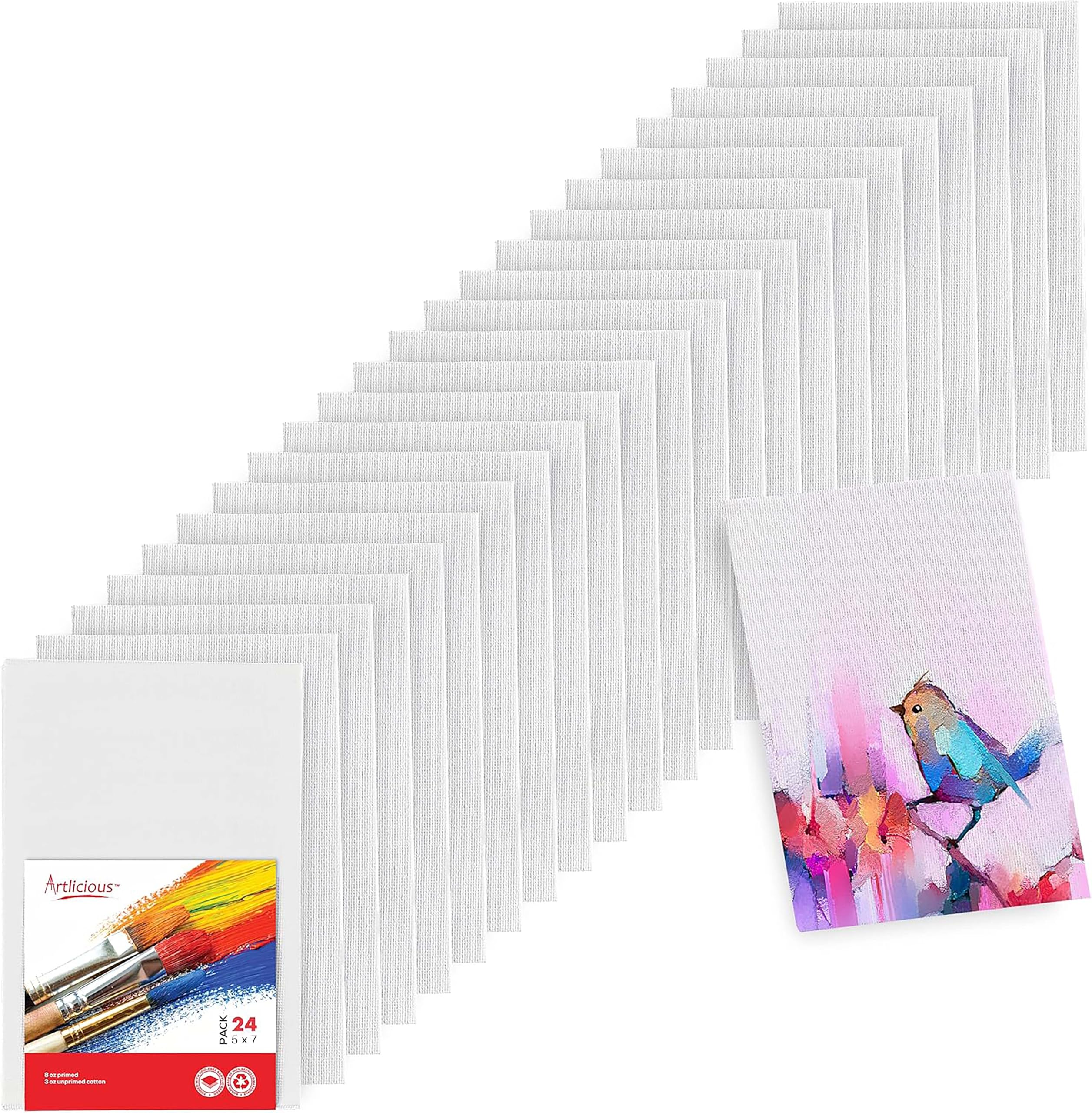 Artlicious Canvases for Painting - Pack of 24, 5 x 7 Inch Blank White Canvas Boards - 100% Cotton Art Panels for Oil, Acrylic & Watercolor Paint