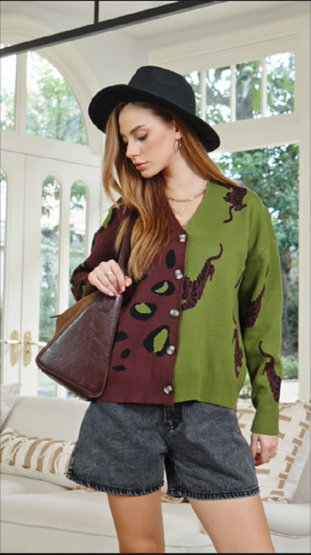 WDIRARA Women's Leopard Tiger Print Cardigan V Neck Long Sleeve