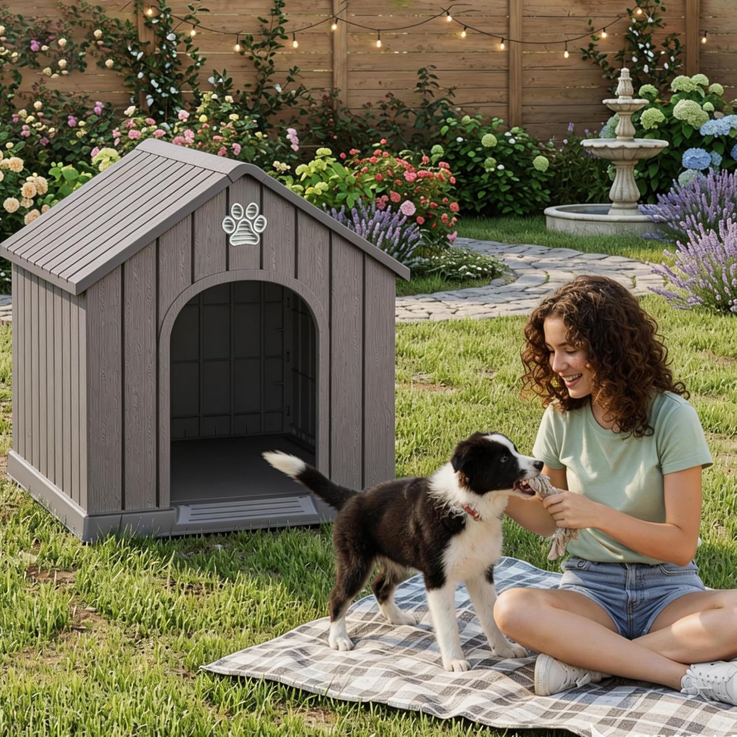 Small Dog House Outdoor Indoor for Small to Medium Dogs, Durable Plastic Waterproof Doghouse with Air Vents & Elevated Floor, Easy to Clean & Assemble (Grey, 26.18''L × 24.02''W × 25.98''H)